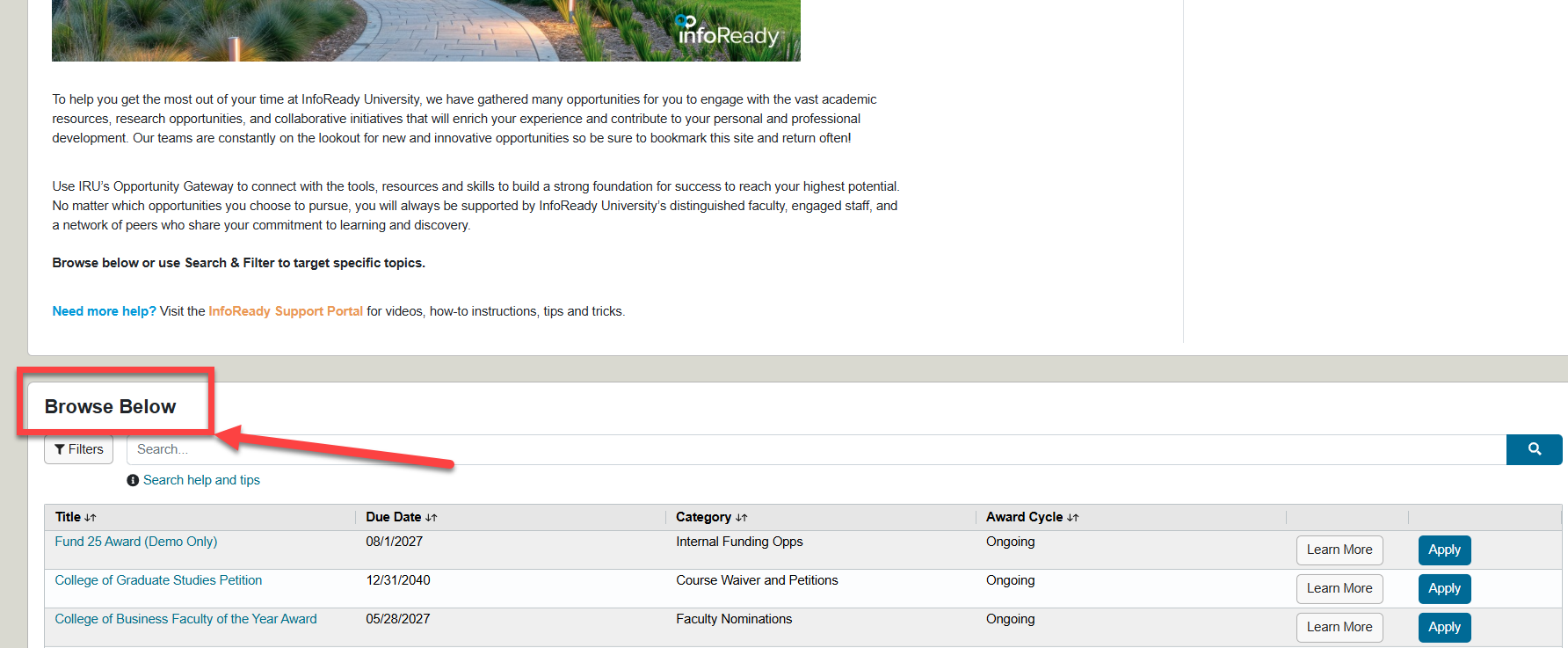 New hompage view with Browse Below outlined in red