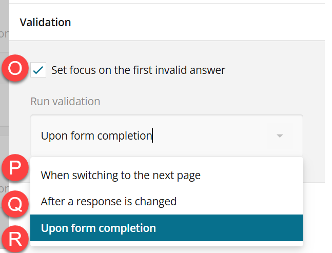 Admin view of validation panel with dropdown corresponding to letters above