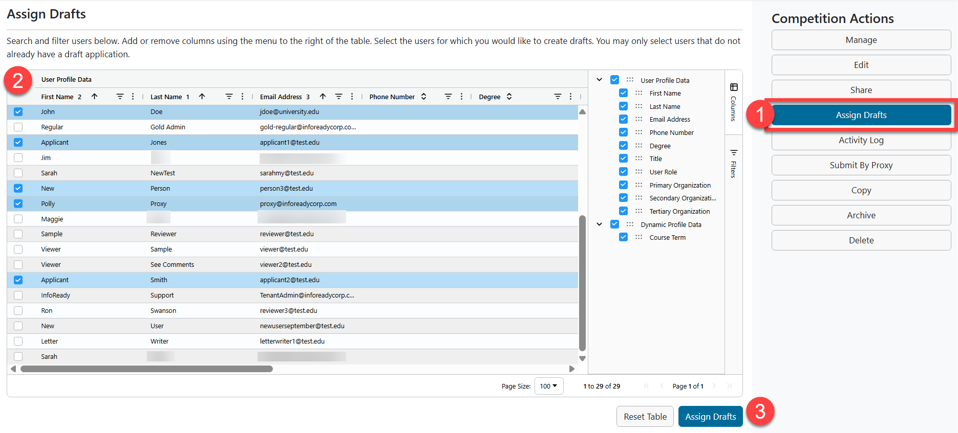 Assign drafts screen with numbers corresponding to instructions above.