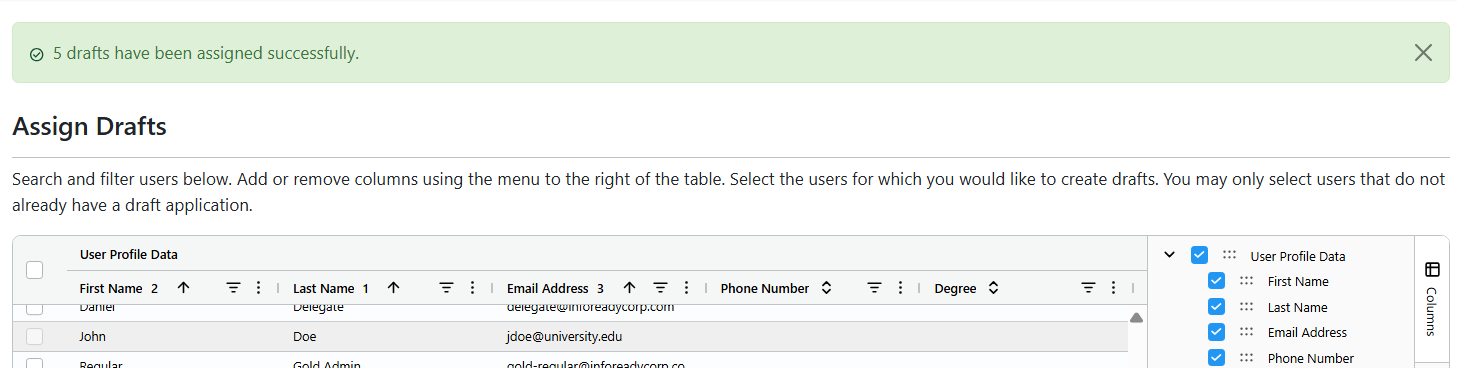 5 drafts have been assigned successfully in green at the top of the table.