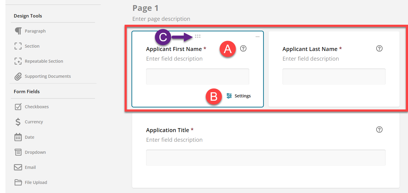 Administrator view of Applicant First Name and Applicant Last Name fields