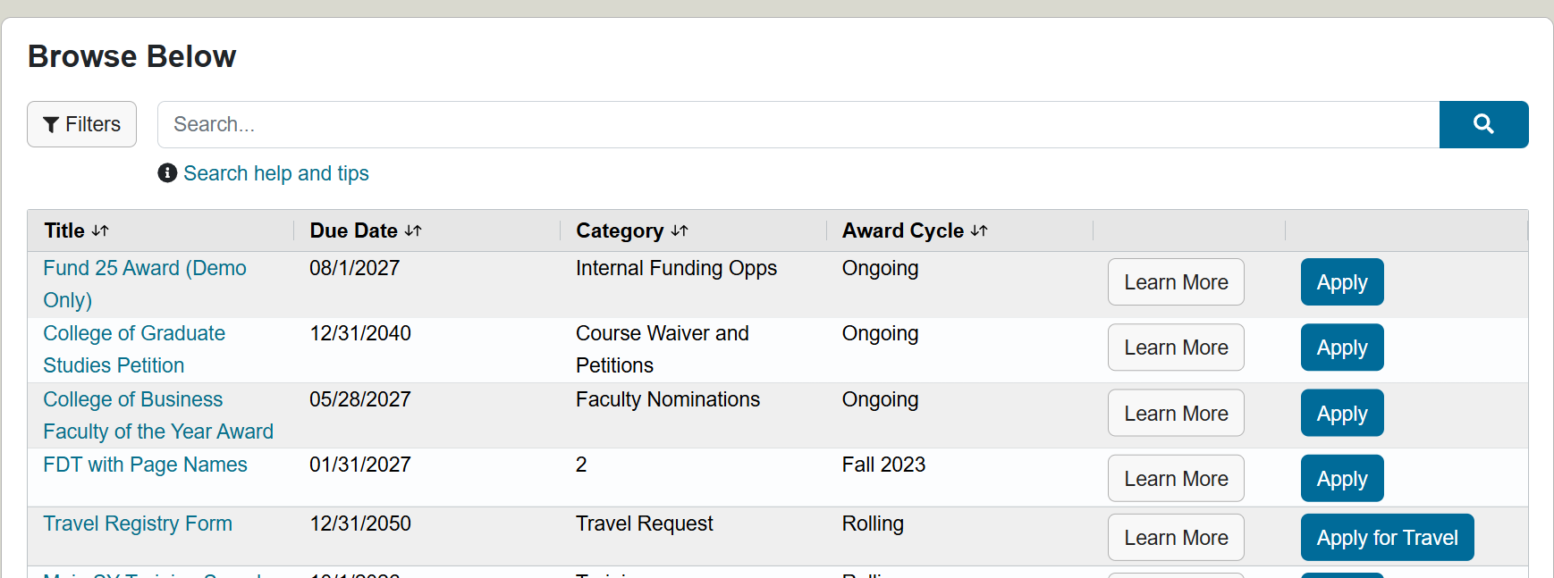 Homepage table of opportunities