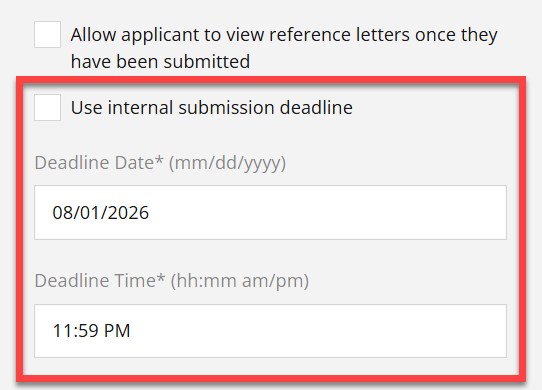 Admin view of reference letter set-up on Requirement page. Letter Deadline section highlighted by red outlined box, wit date and time selected below. Text box with "Email Instructions for Letter Writers" as sentence highlighted: "The deadline for your submitted reference letter is 10/10/2019 at 11:59 PM."