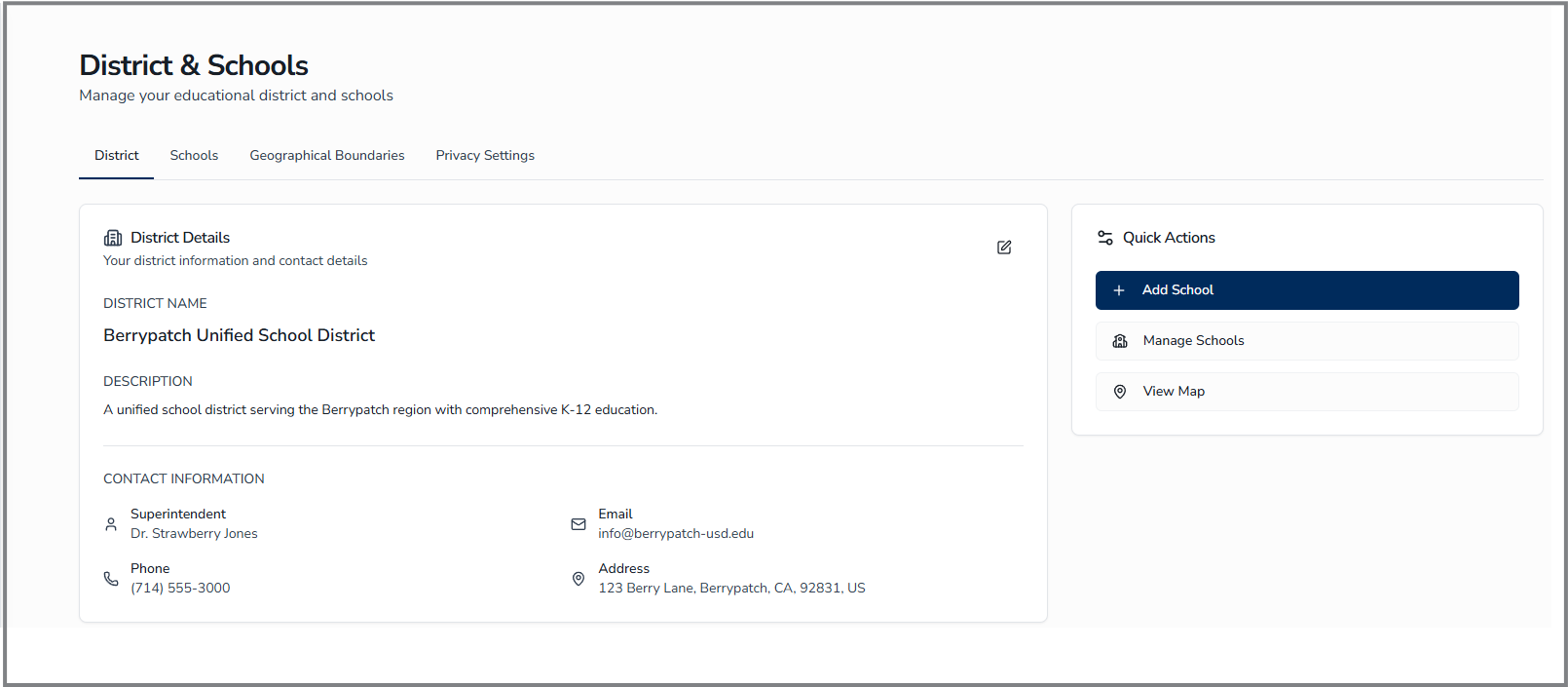 District tab with District Details and Quick Actions panel
