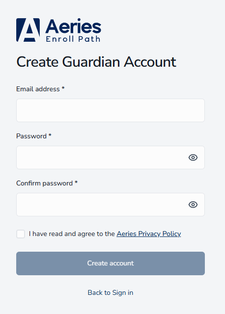 Create Guardian Account registration form
