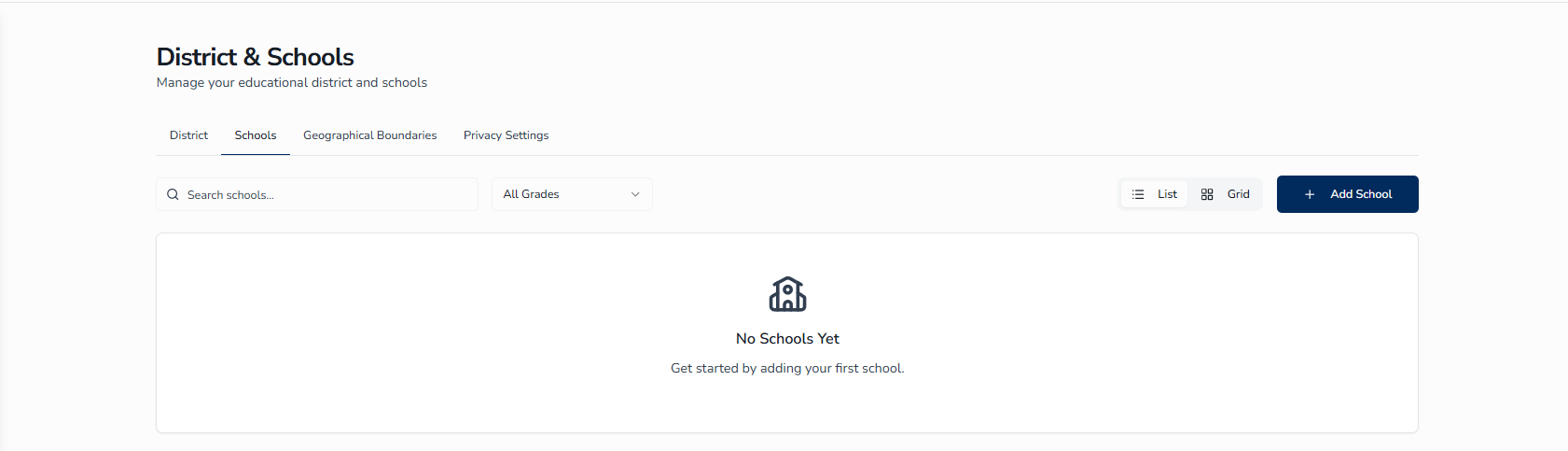 Schools tab with no schools added
