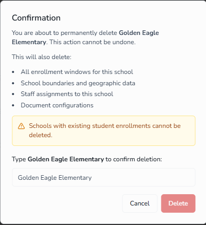 Confirmation dialog to delete a school