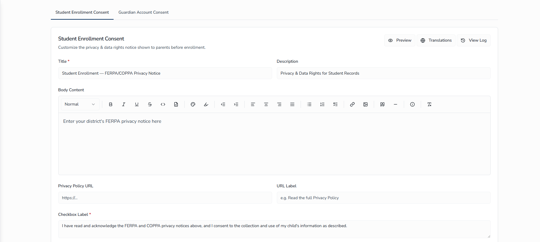 Privacy Settings tab