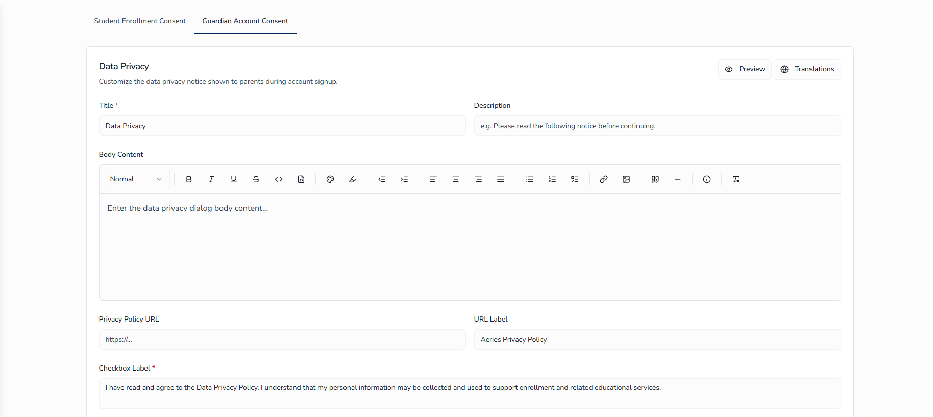 Student Enrollment Consent editor