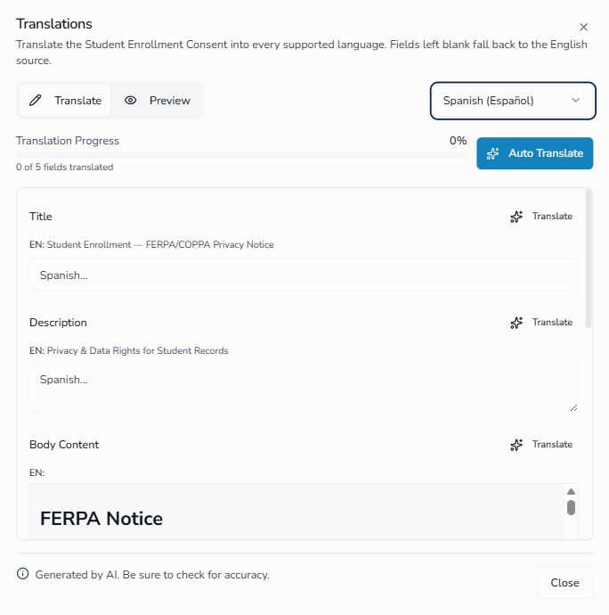 Translations dialog with Auto Translate