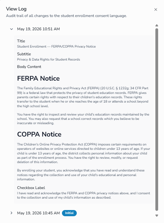 Version history of the consent notice