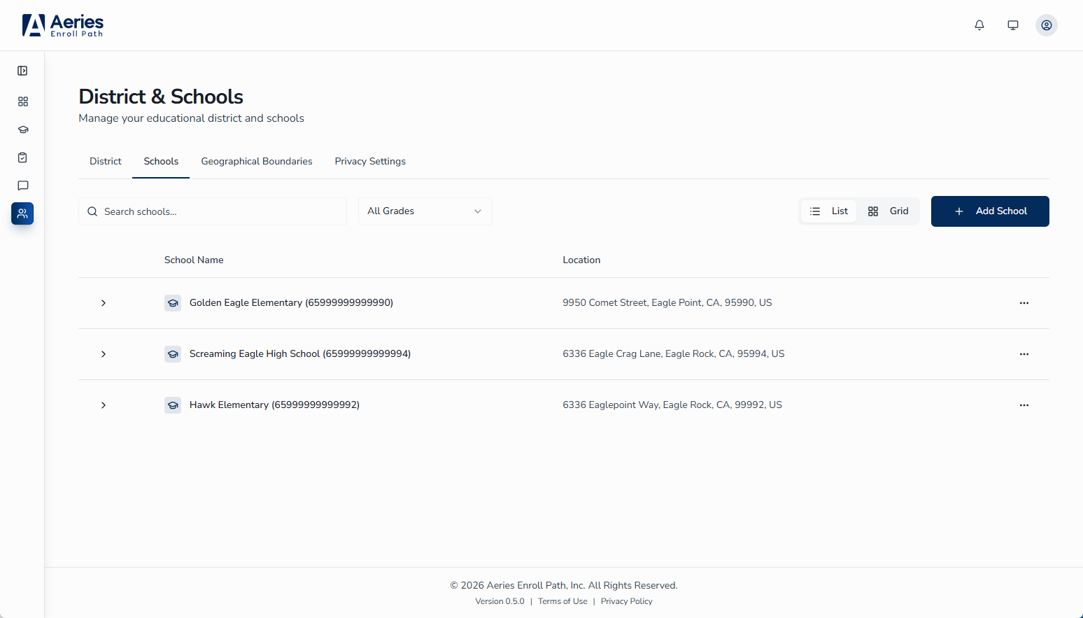 Schools displayed in List view (default)