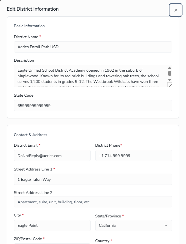 Edit District Information dialog