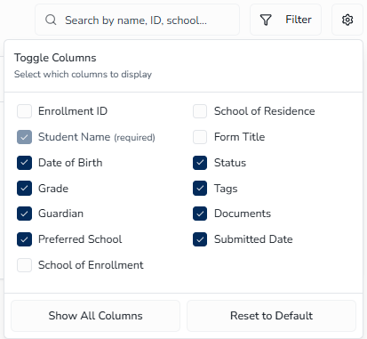 Column Visibility dropdown for customizing table display