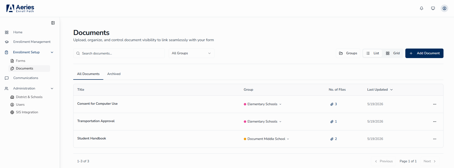 View Options: Grid view with collapsible group sections
