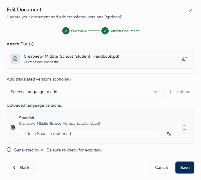Edit Document dialog with file replacement and translation management