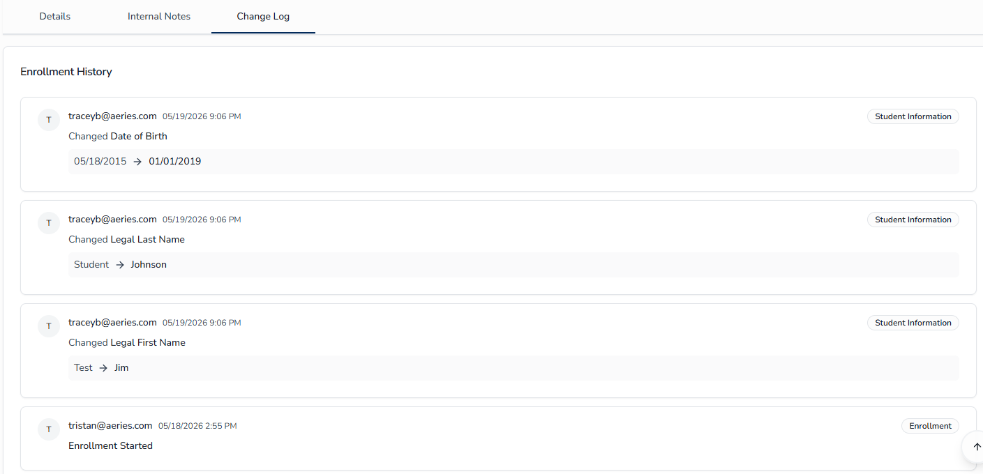 Change Log tab displaying the audit trail for an enrollment record
