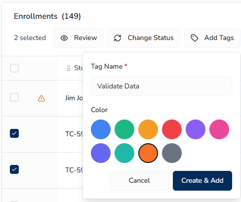 Tag creation dialog