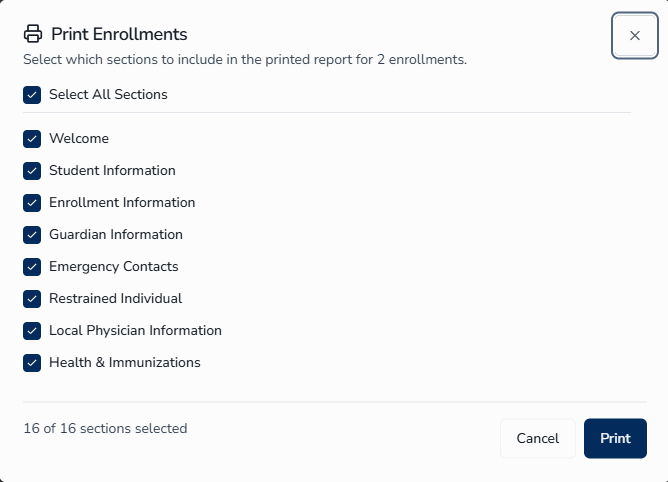 Print options for enrollment records
