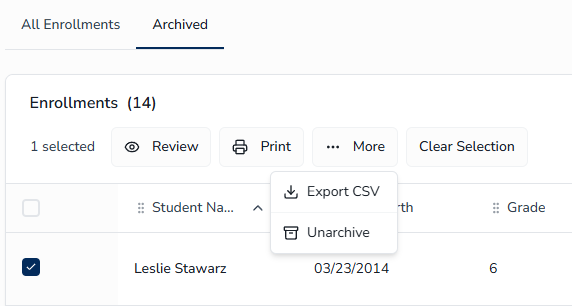 Archived Enrollments tab with restore option