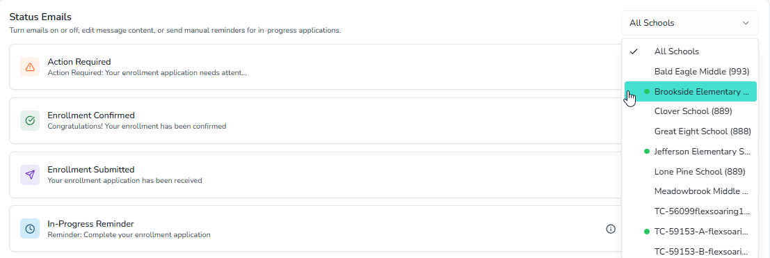 Schools with custom templates appear with a green dot in the school filter