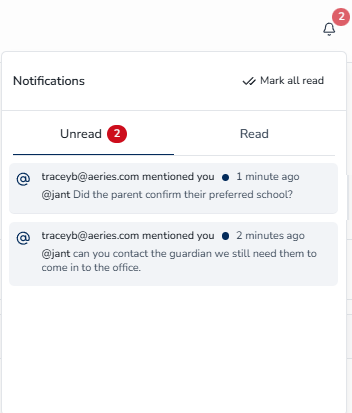 The notification dropdown showing unread notifications with the Mark All as Read button.