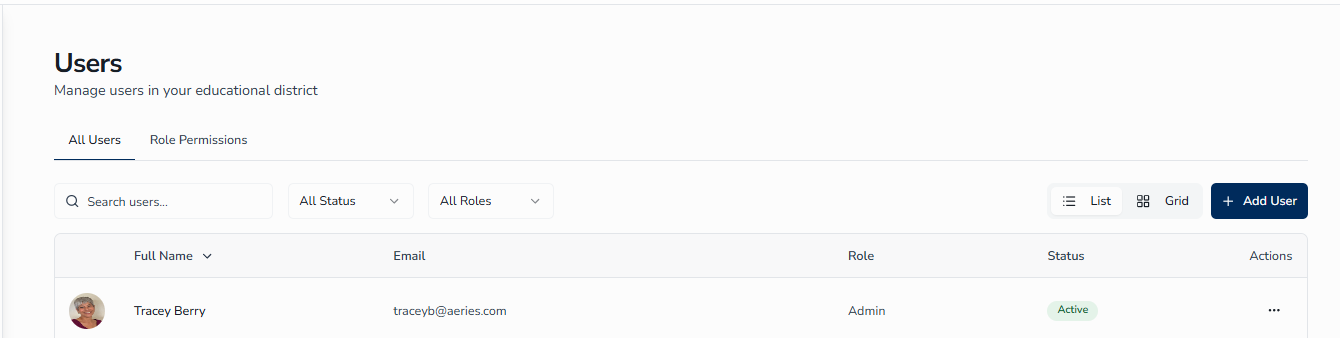 The All Users tab shows all admin and enrollment user accounts in a searchable, filterable table.