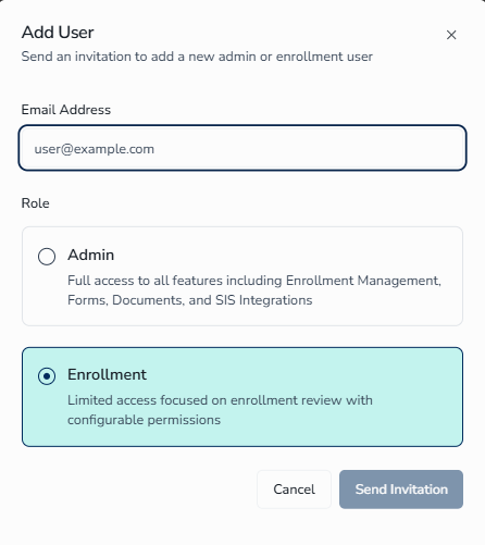 The Add User dialog prompts for the new user's email address and role assignment.