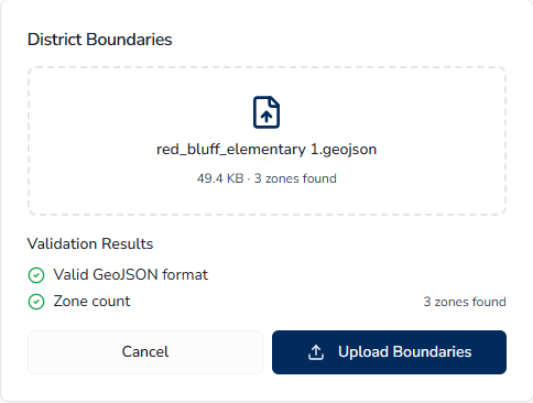 The Upload Boundary File dialog allows the user to upload a file.