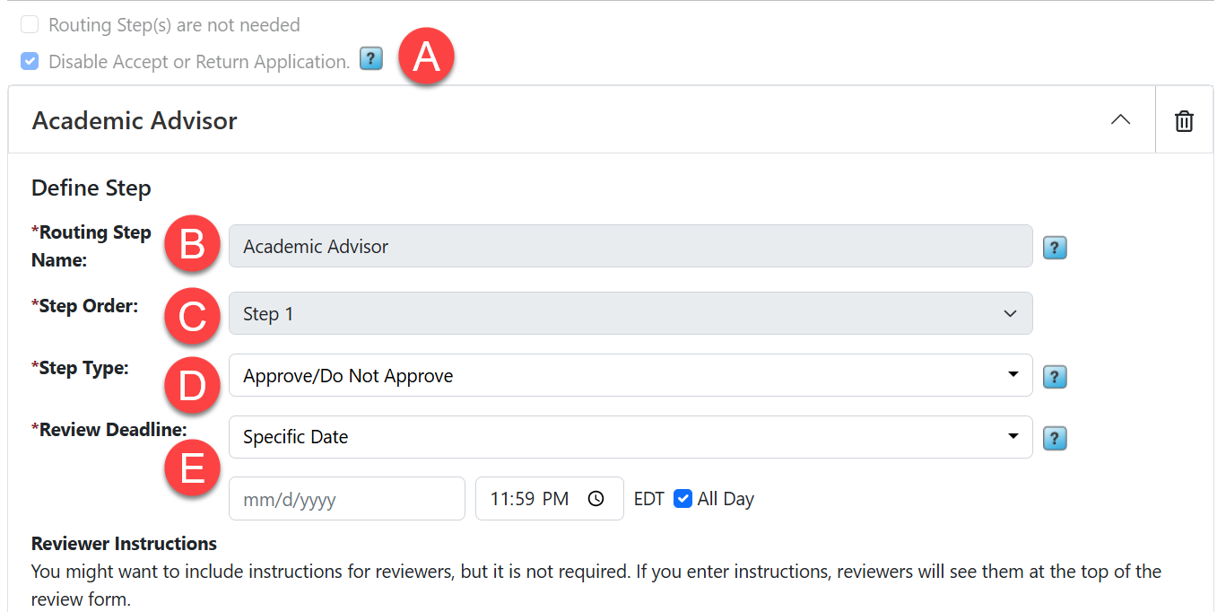 Administrator view of routing step configuration page