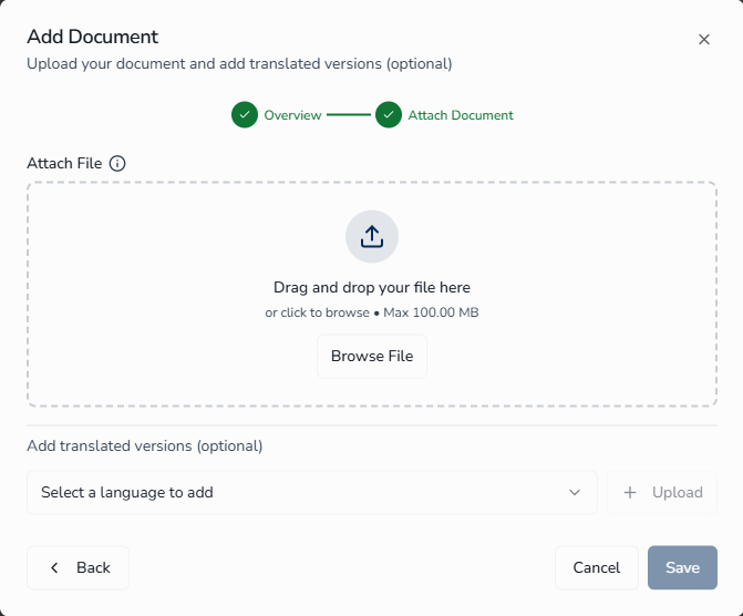 Add Document wizard showing Step 2 Attach Document with primary file upload area, uploaded PDF file with remove option, and translation section with language dropdown