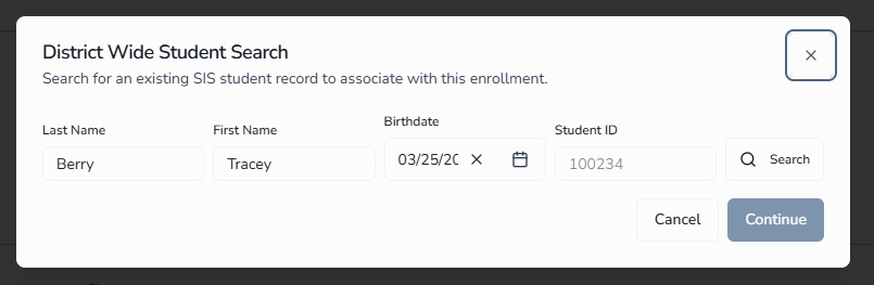 District-Wide Student Search dialog with pre-filled student fields