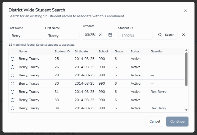 Verify Existing SIS Record modal showing side-by-side comparison of SIS and enrollment data