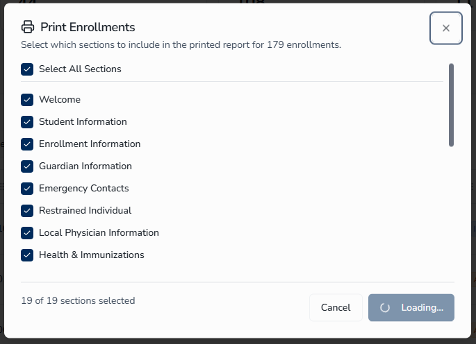Print options for enrollment records