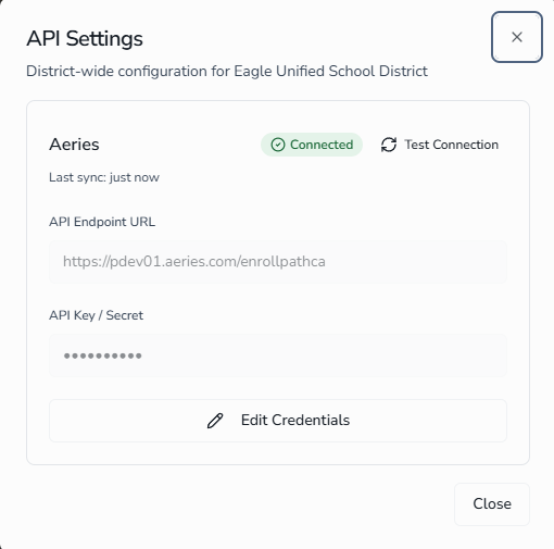 API Settings dialog — district-wide SIS connection configuration