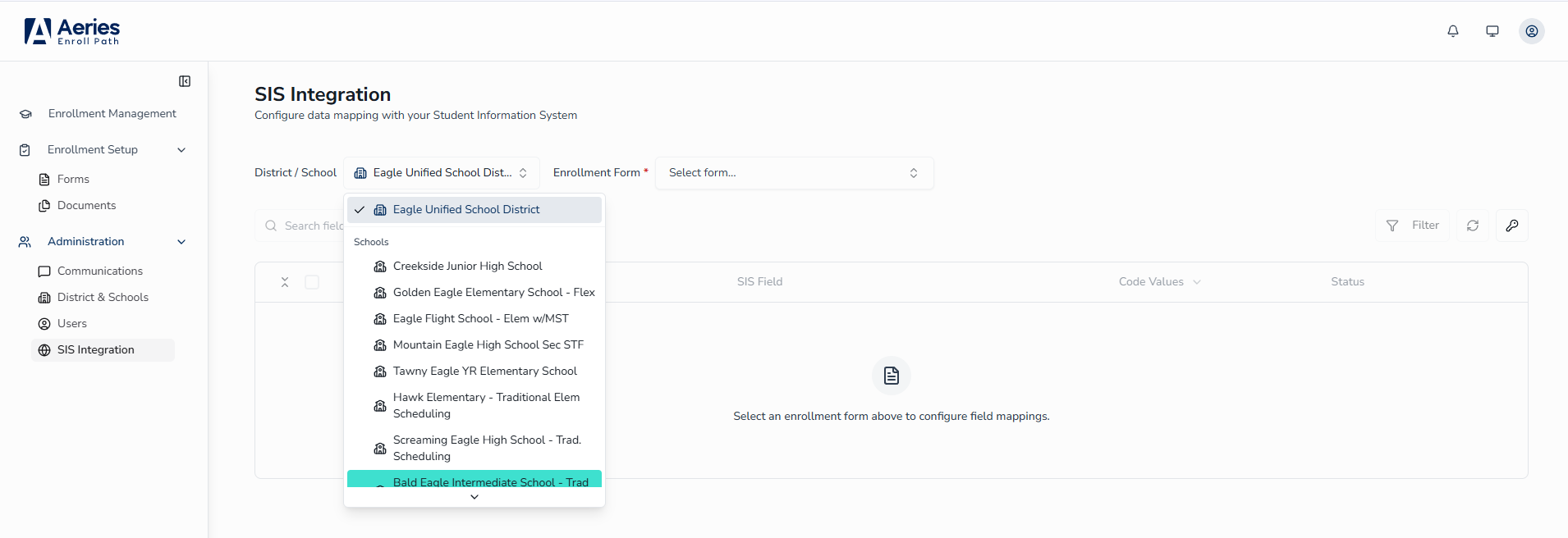 District / School selector — choose the district or an individual school