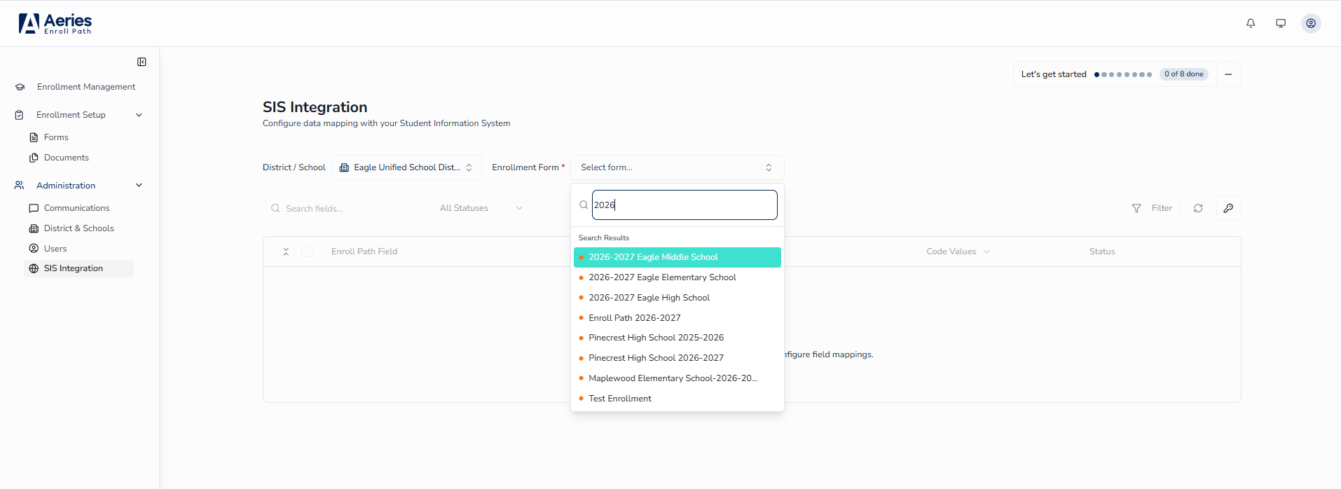 Enrollment Form selector — type to search, then select a form to load its mappings