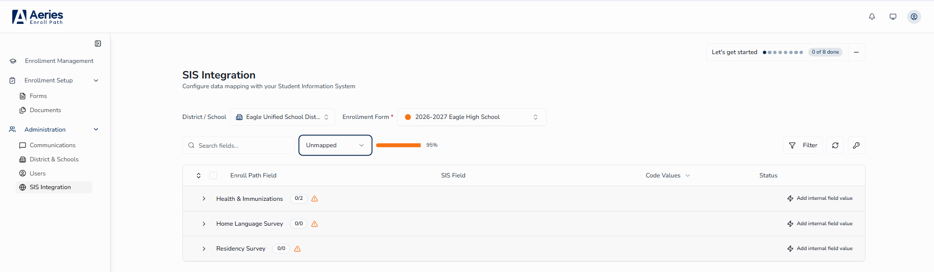 Status filter — focus on Unmapped fields to find gaps in your configuration