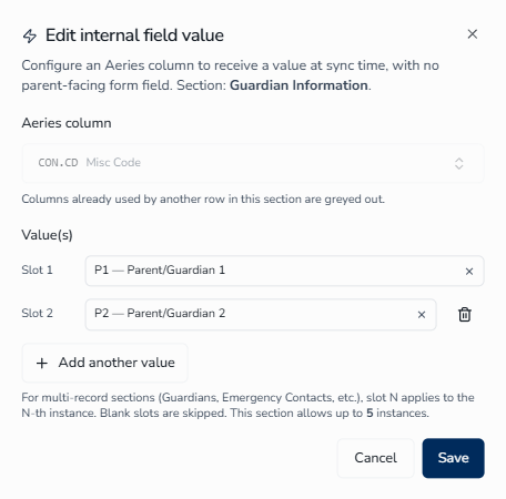 Example — setting Contact Code (CON.CD) as an internal field value so it is automatically populated on all guardian records upon import