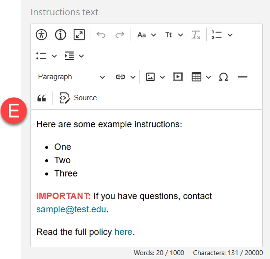 Admin view of customized paragraph text