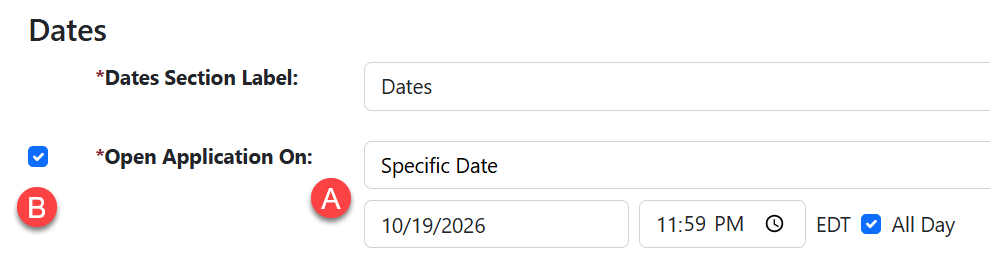 Administrator view of selecting specific date for Open Application On