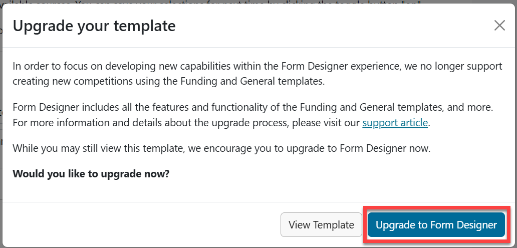 Upgrade your template modal with Upgrade to Form Designer in red