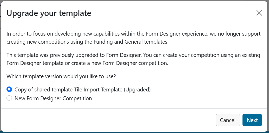 Upgrade your template modal with "old template (Upgraded)" selected