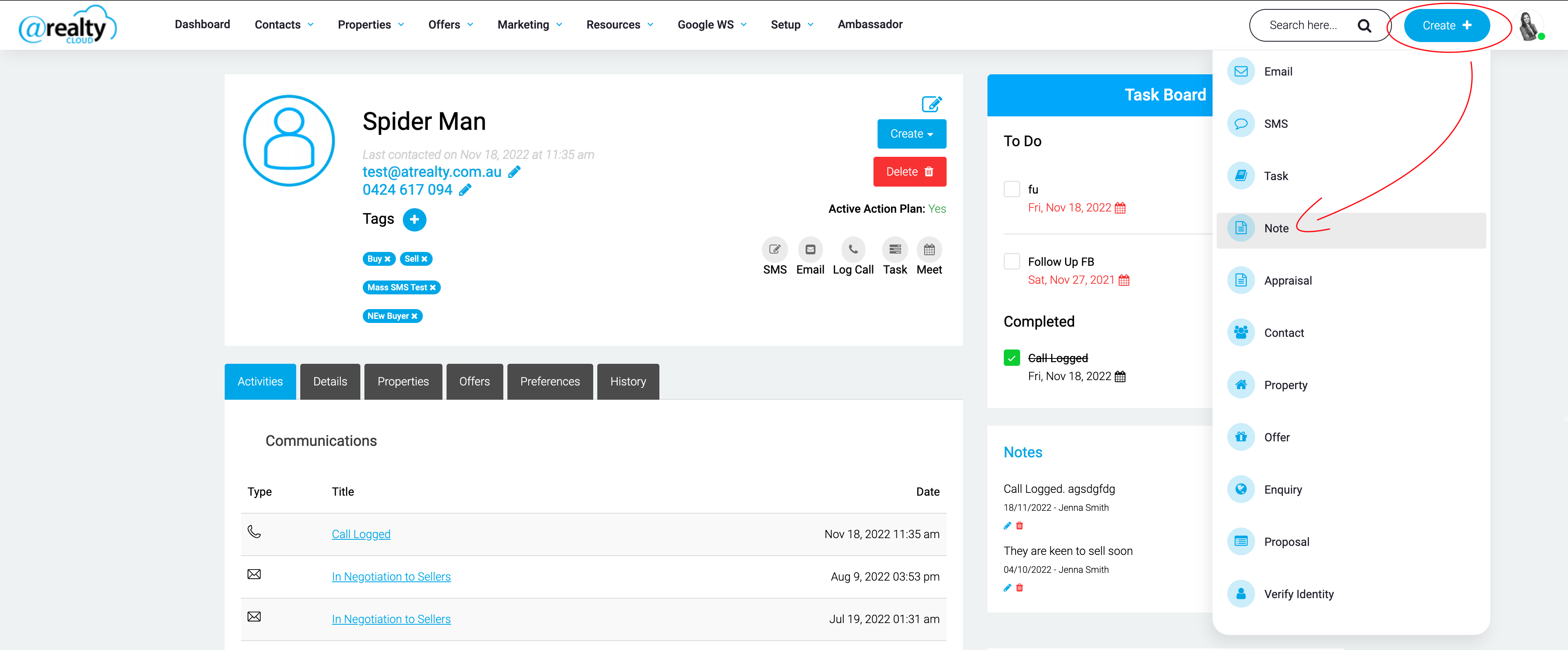 Create + button in the header