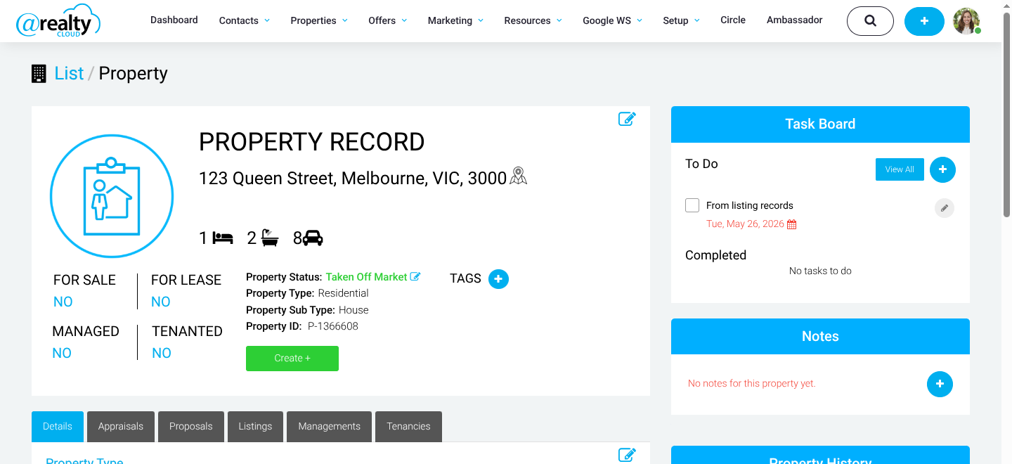 Notes section on the Property record