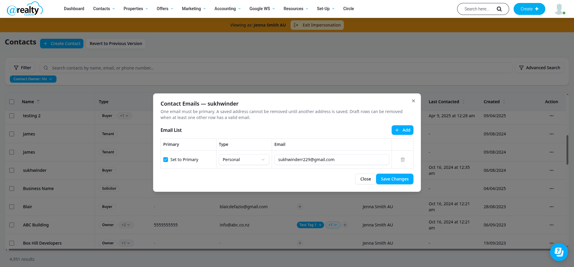 Contact Emails modal