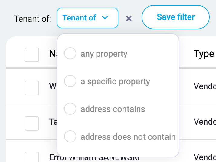 Tenant of filter