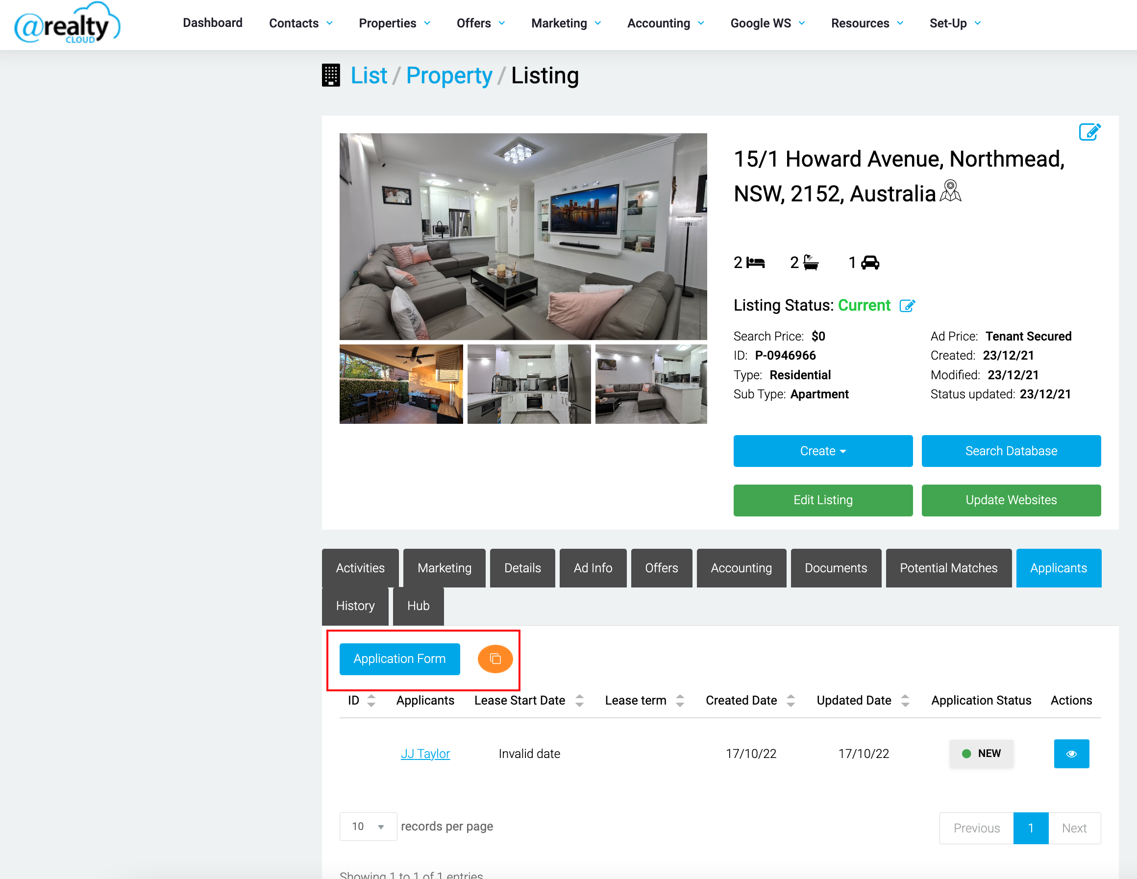 Applicants tab on a For Lease listing with the Application and Copy link buttons