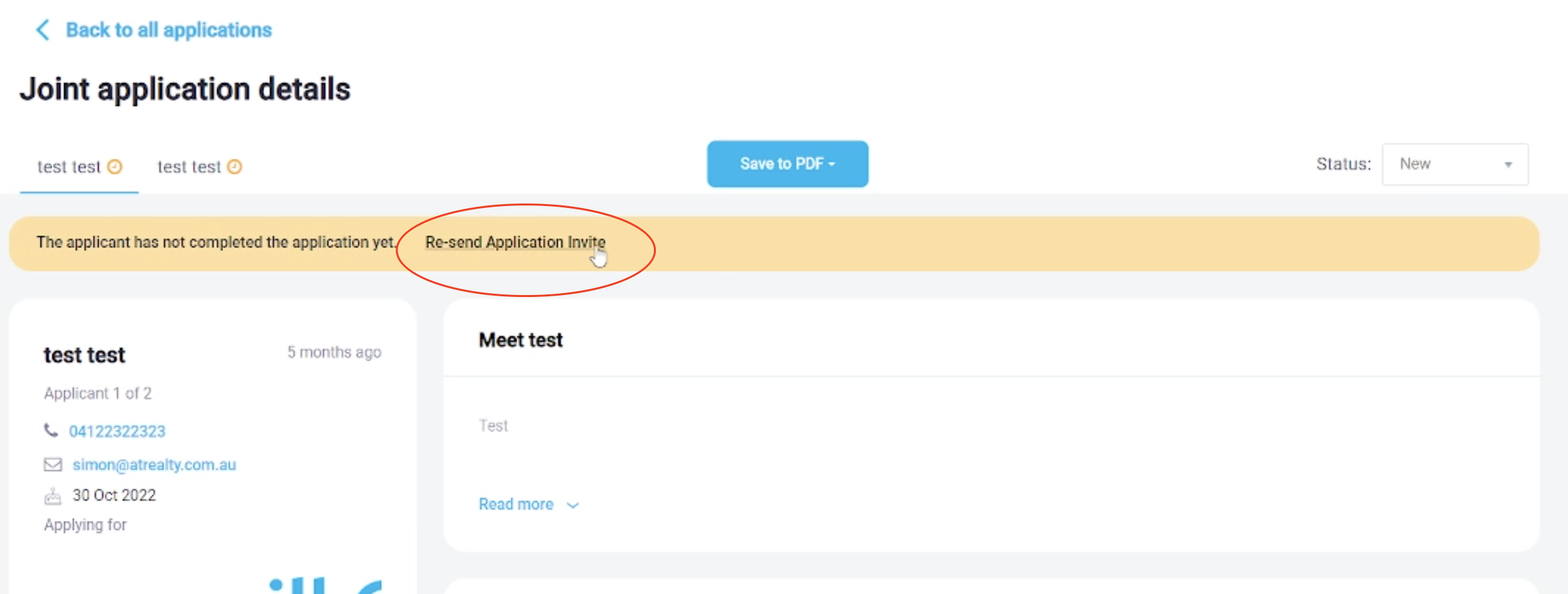 Re-send Application Invite button when viewing the application