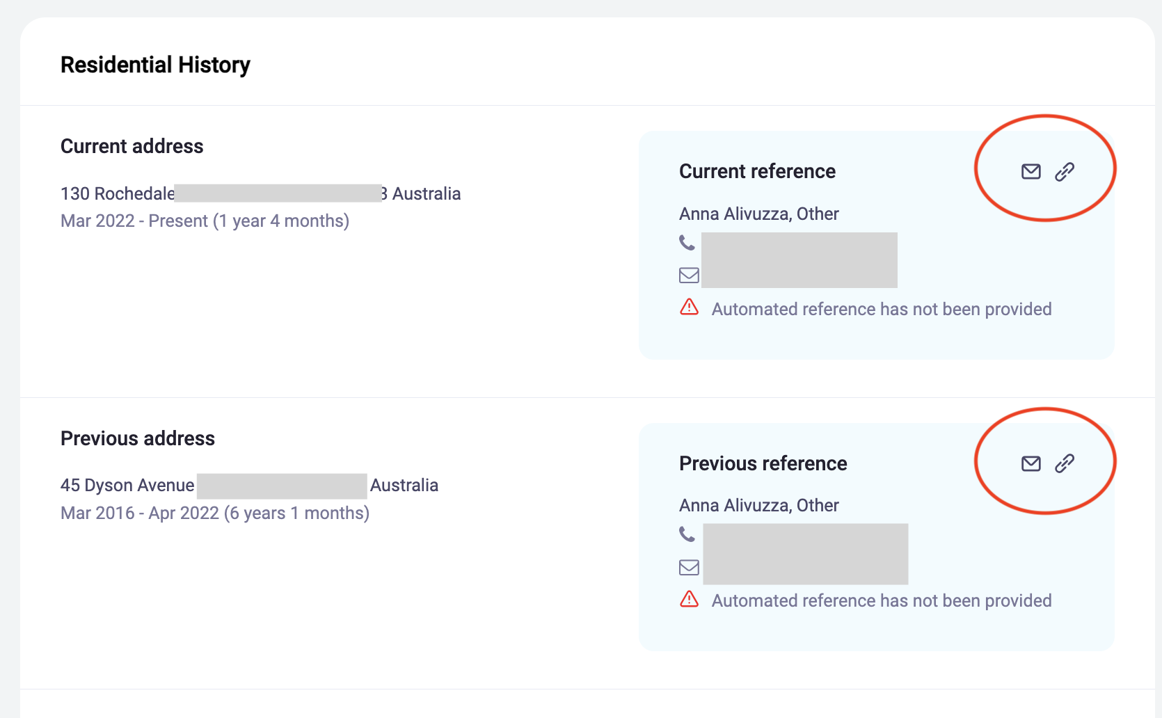 Re-send and Copy link icons next to a reference